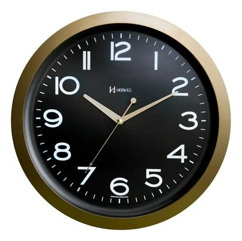 RELÓGIO DE PAREDE HERWEG PRETO COM DOURADO QUARTZ- 6814-DOU